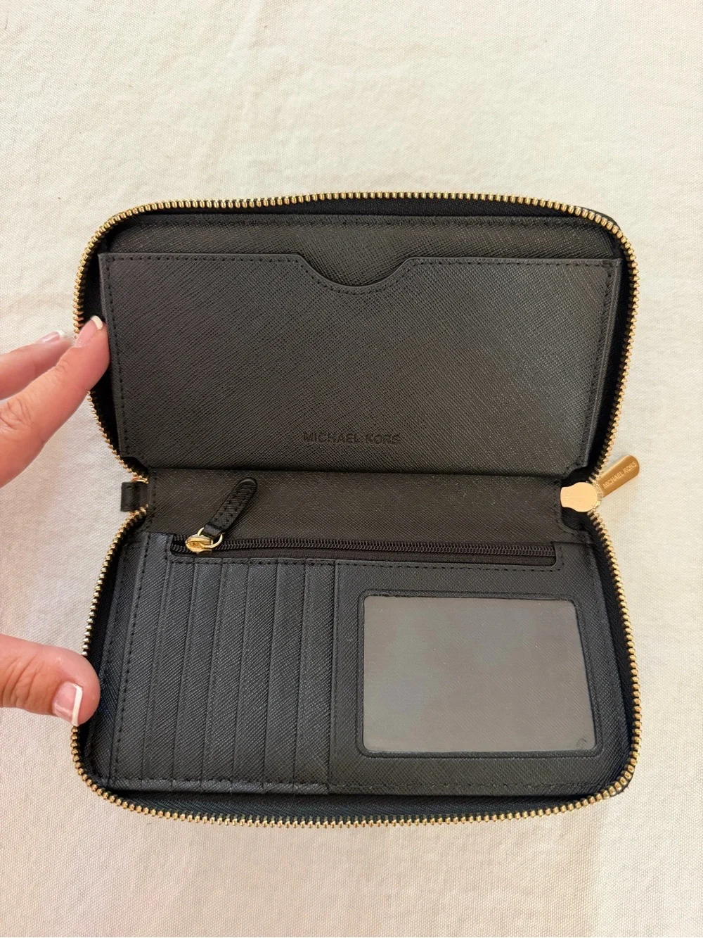 Michael Kors Black Leather Zip Wallet with Gold Logo